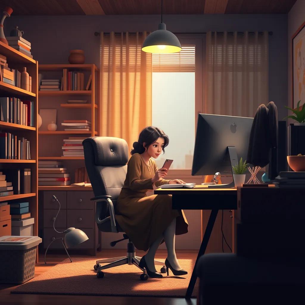 A lady wearing long clothes sitting behind a desk with a computer, in a cozy and organized office, focused on her work, digital art, warm light, inviting atmosphere, high quality