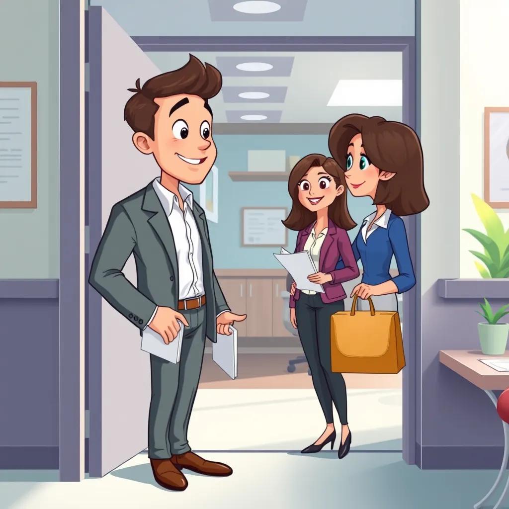 A man entering the office and greeting the lady, looking curious and friendly, well-dressed, with a file in his hand, colorful background, cartoon style, cheerful vibe, high quality