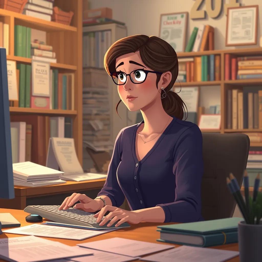 The lady typing on the computer while looking thoughtful, the office filled with books and papers, warm light illuminating her focused face, illustration, inspiring, high quality