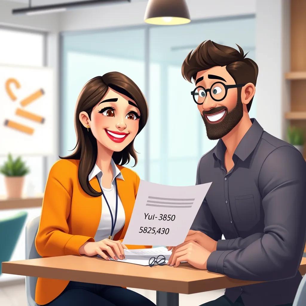 The woman smiling as she finishes the document, sharing her contact number with the man, both looking pleased, vibrant colors, modern style, joyful atmosphere, high quality
