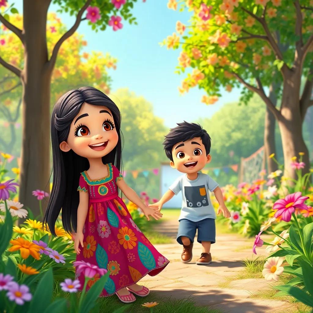 A cheerful young Arab girl, Ward, with long, dark hair in a colorful dress, playing with her brother Sami in a vibrant garden filled with flowers and trees, joyful atmosphere, digital art, bright colors, playful scene, high quality