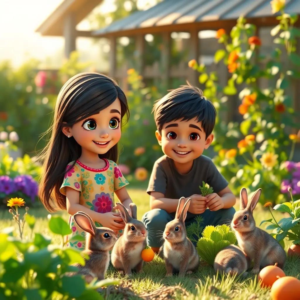 Ward, a young Arab girl, with long, dark hair in a colorful dress, and her brother Sami, with short dark hair, happily feeding small bunnies with fresh vegetables in the sunny garden, warm light, lively colors, engaging and cheerful vibe, high quality
