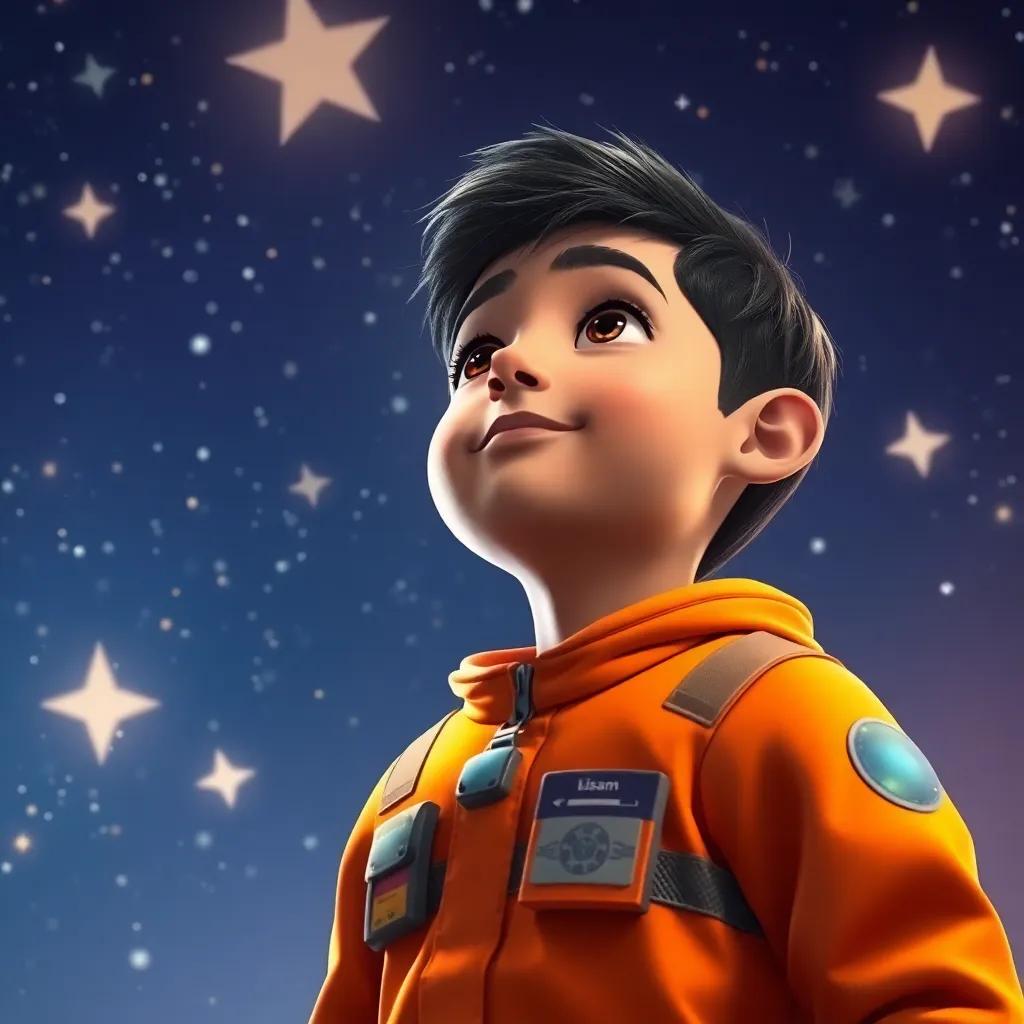 A young Arab boy, Wisam, with short black hair, wearing a bright orange spacesuit, looking up at the starry night sky, surrounded by sparkling stars, digital art, colorful, magical atmosphere, high fantasy, high quality