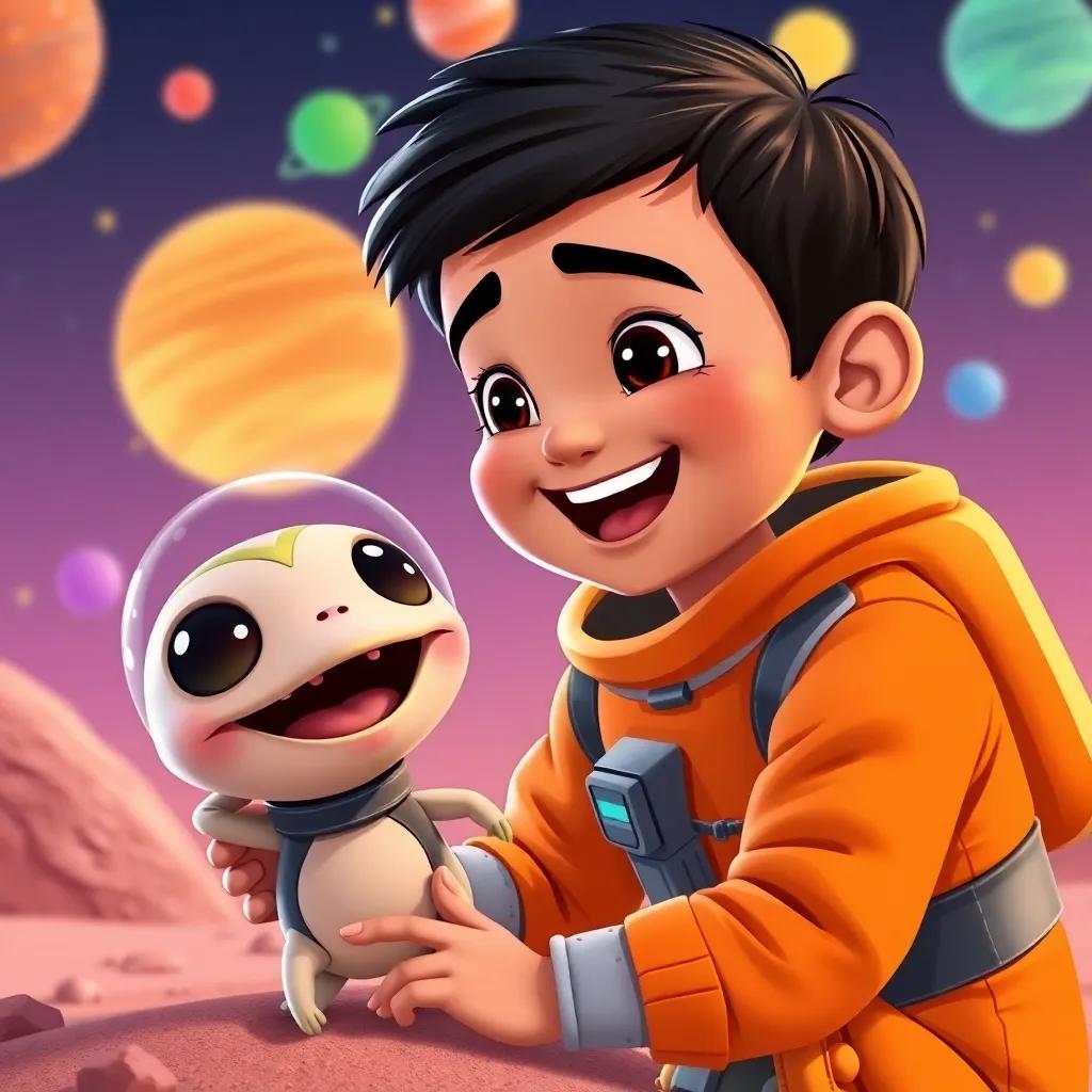 A young Arab boy, Wisam, with short black hair, wearing a bright orange spacesuit, playing with a friendly alien creature, colorful planets in the background, joyous expression, fun atmosphere, child-friendly illustration, vibrant colors, happy scene