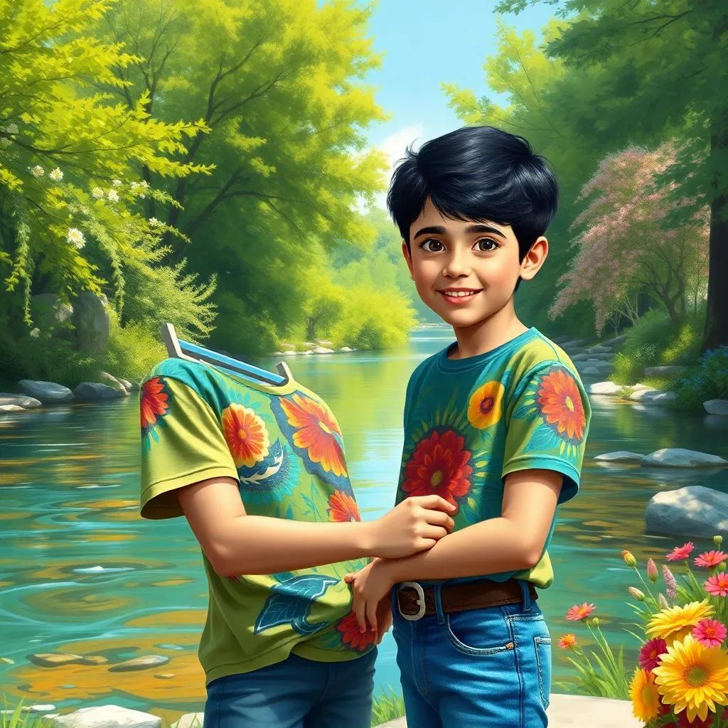 A young Arab boy, Wisam, with short black hair and bright eyes, wearing a colorful t-shirt and jeans, happily painting by a clear river surrounded by green trees and flowers, bright and sunny day, cheerful atmosphere, digital art, vibrant colors, inviting scene, high quality