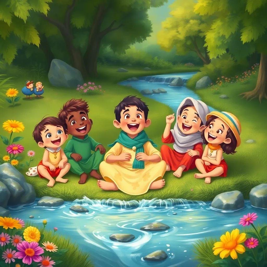 An illustration of Wisam's friends sitting around him, excited and smiling, in a lush green landscape with colorful flowers and a flowing river, friendly and playful mood, child-friendly art style, joyful colors, engaging perspectives, high quality