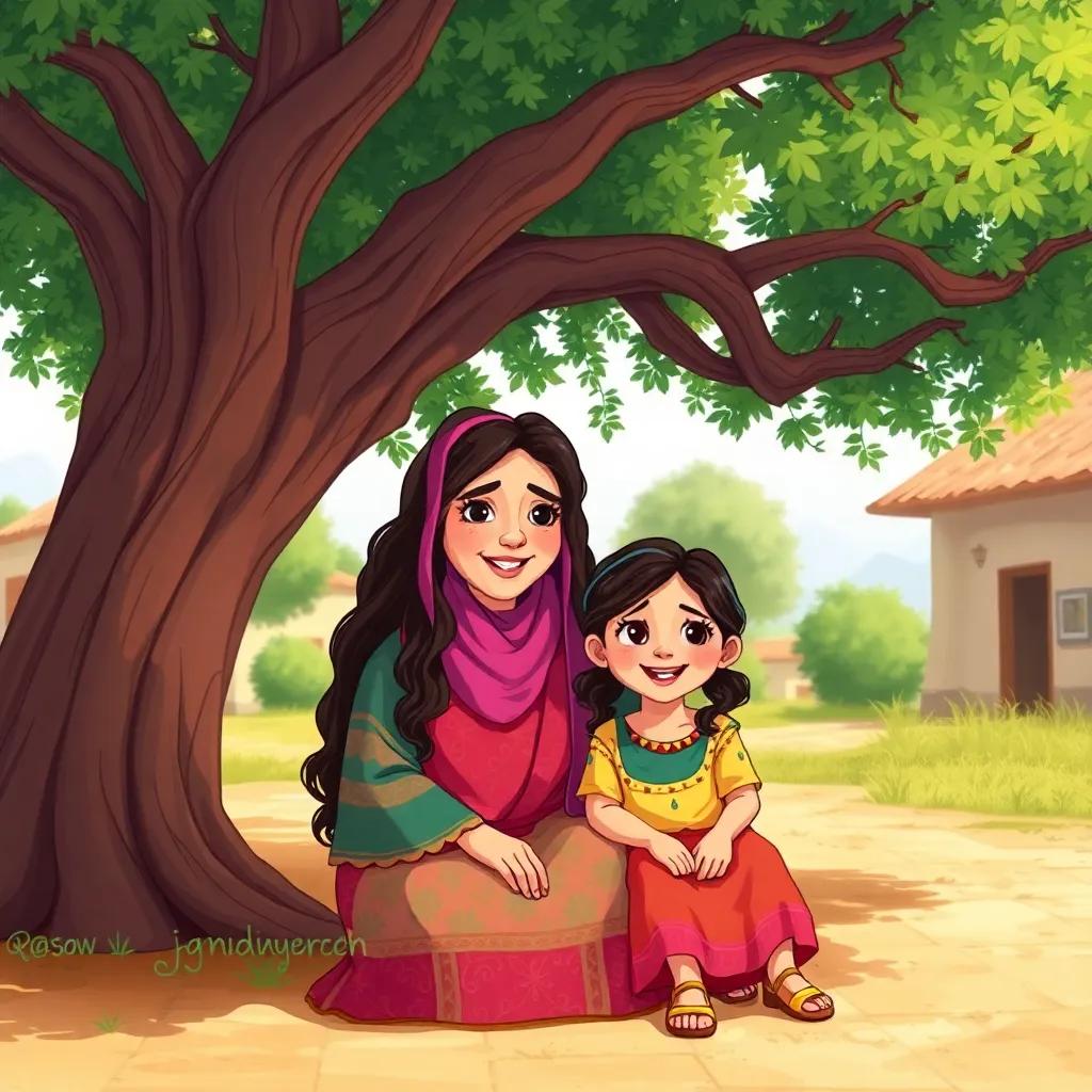 A wise Arab mother, in her 40s, with long, wavy hair and a colorful dress, sitting under a large tree with her daughter, Rania, a 7-year-old girl with a joyful expression, in a sunny village atmosphere, digital art, bright colors, warm, inviting feeling, high quality