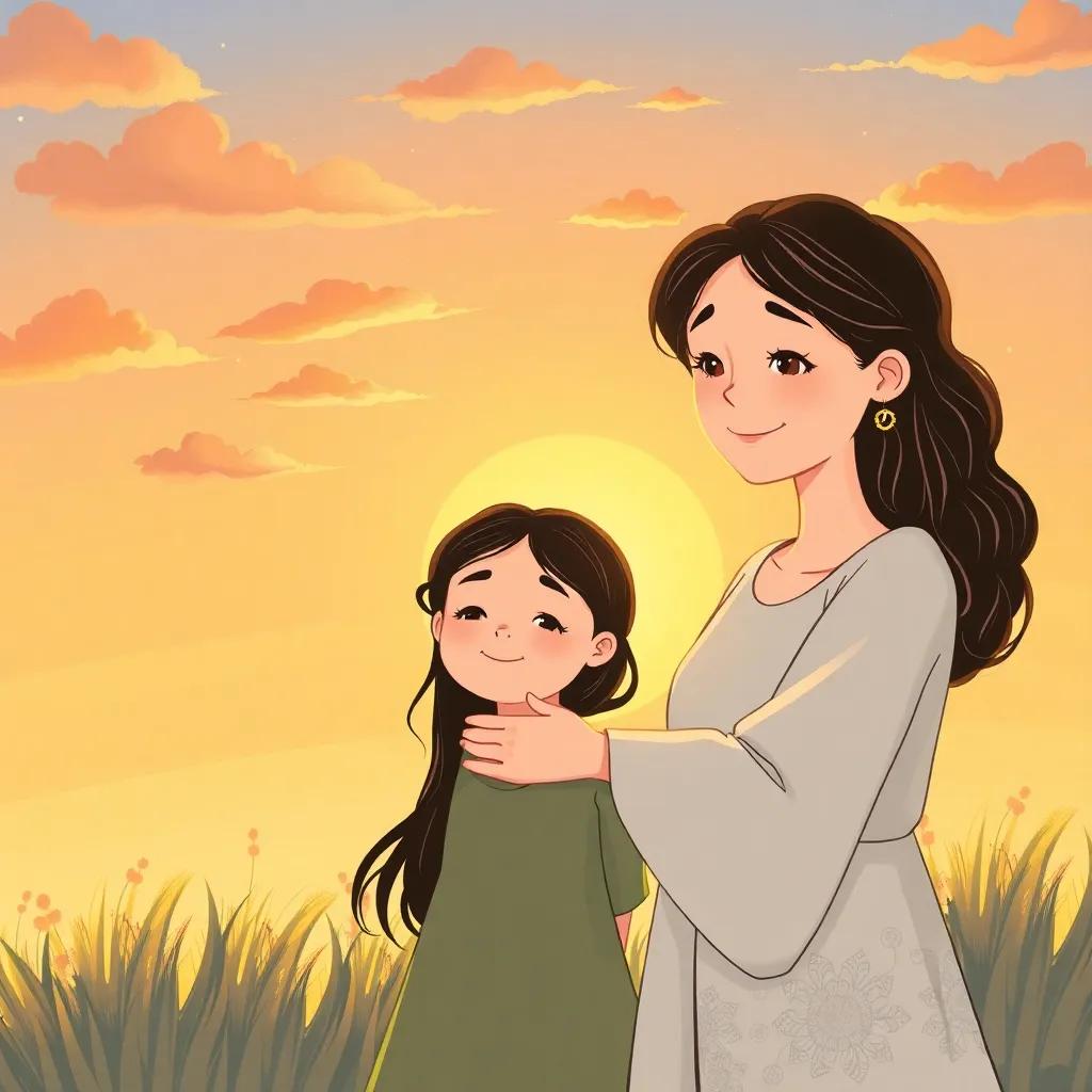 A heartwarming scene with the mother and Rania, together under the sunset sky, with the mother pointing gently towards the horizon, indicating the beauty of love and partnership, illustration, soft colors, peaceful, child-friendly perspective, high quality