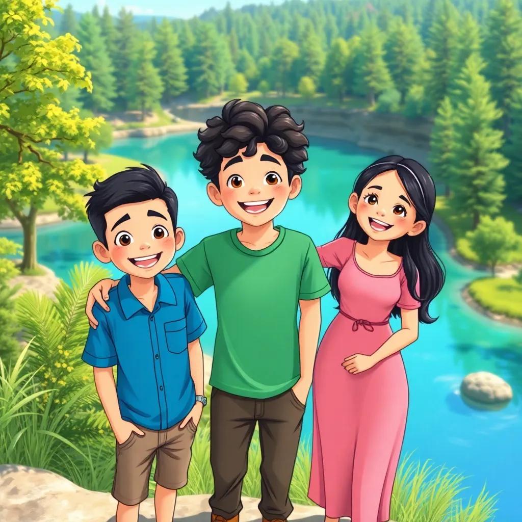 Three friends, Zaid, a young Arab boy with short black hair dressed in a blue shirt, Walid, a young Arab boy with curly dark hair wearing a green t-shirt, and Dana, a young Arab girl with long black hair wearing a pink dress, standing at the edge of a beautiful blue lake in a lush green forest, joyful expressions, bright sunny day, cheerful atmosphere, illustration, vibrant colors, high quality
