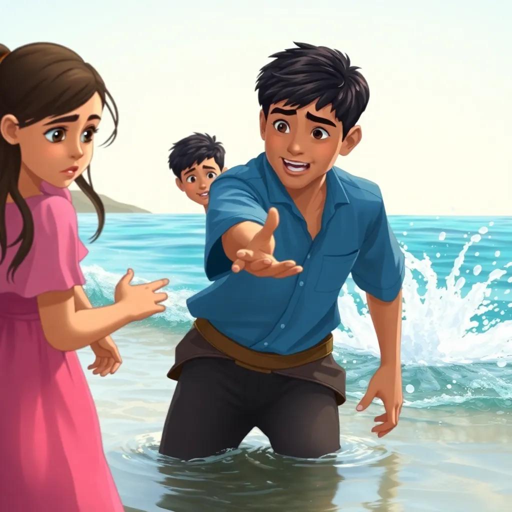 Zaid, a young Arab boy, with short black hair in a blue shirt, holding out his hand towards Walid, who is splashing in the water, with Dana, a young Arab girl with long black hair in a pink dress, looking worried on the shore, action scene, engaging illustration, vivid colors, exciting moment, high quality