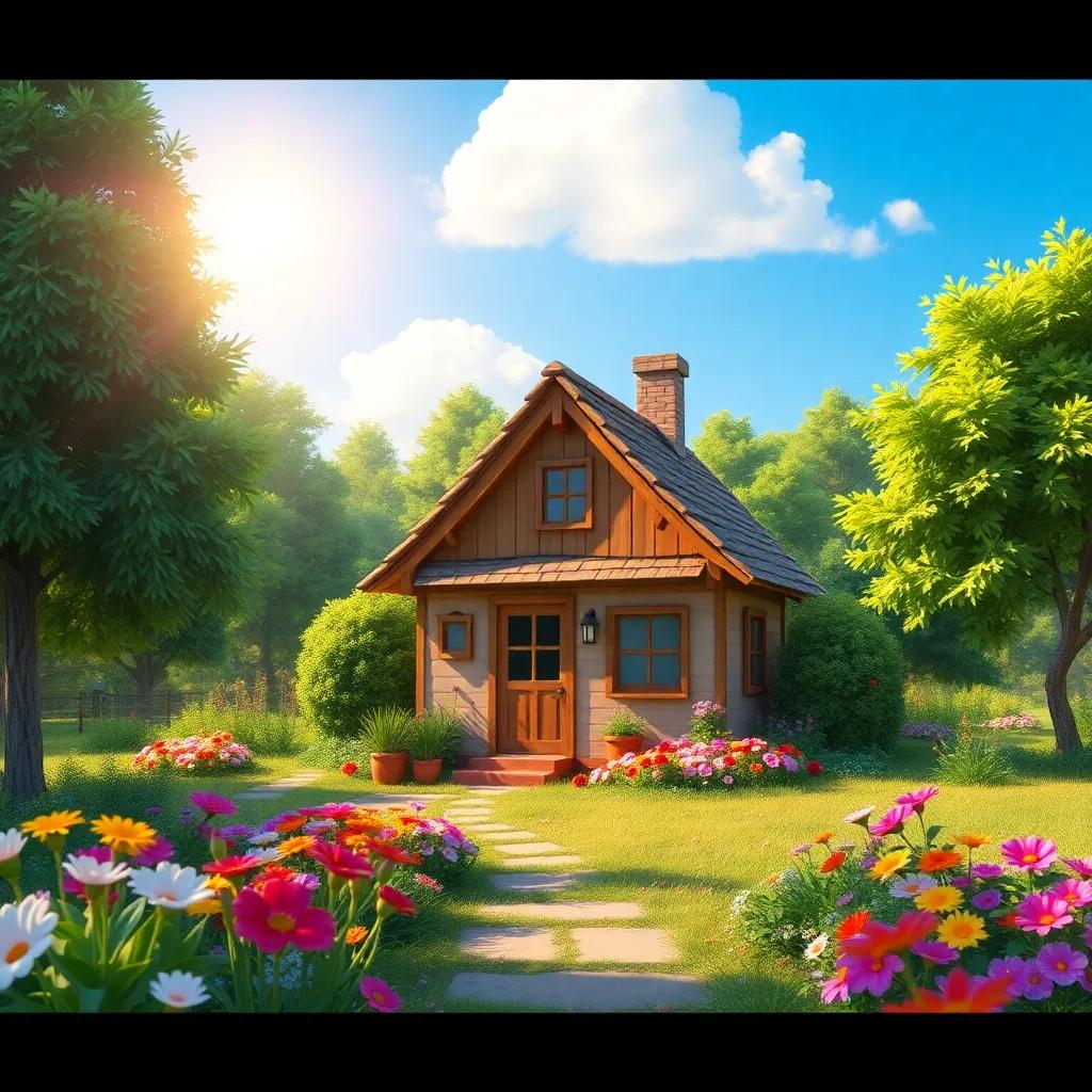 A small, cozy cottage surrounded by green trees and colorful flowers, sun shining brightly in the sky, digital art, vibrant colors, warm atmosphere, inviting scene, high quality