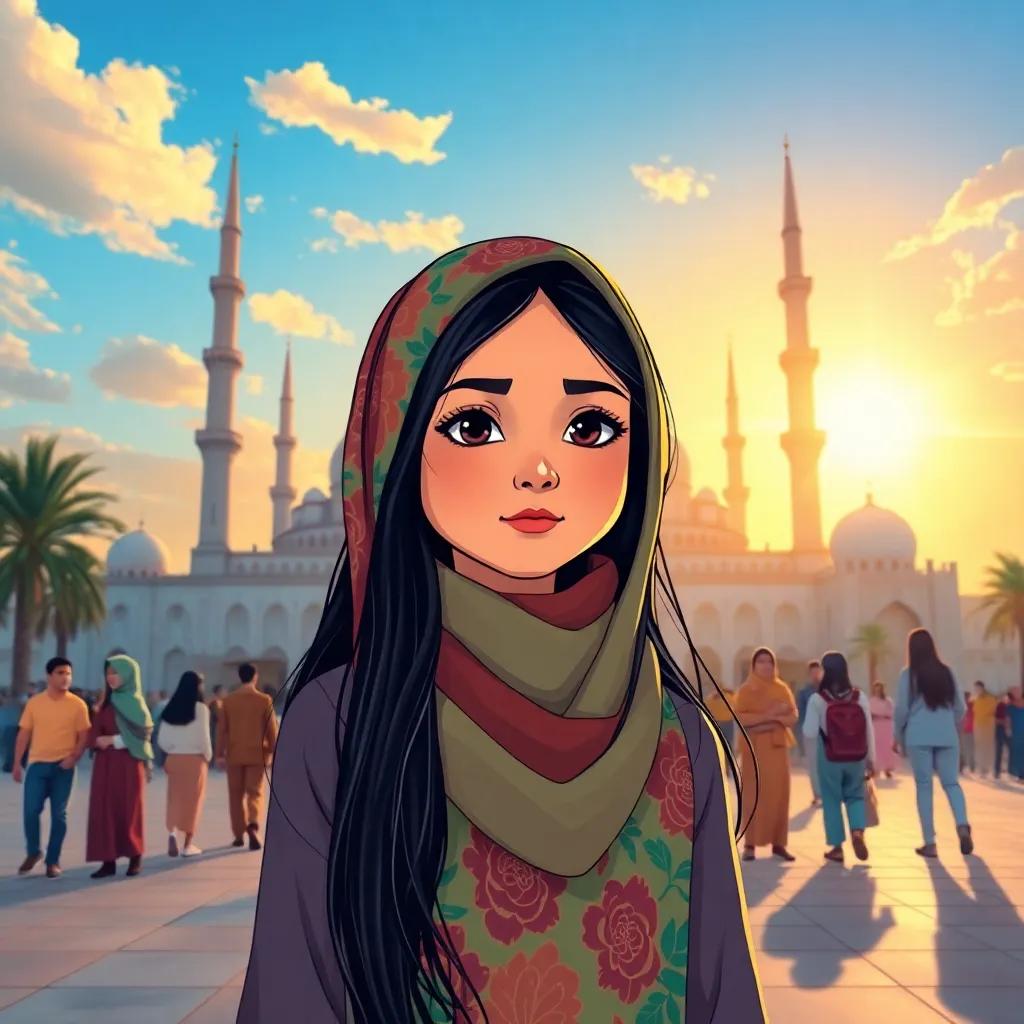 A young Arab girl, Soad, with long black hair wearing a colorful hijab, standing in front of a beautiful mosque with friends and family, the sky shining with the sun, welcoming atmosphere, vibrant colors, detailed illustration