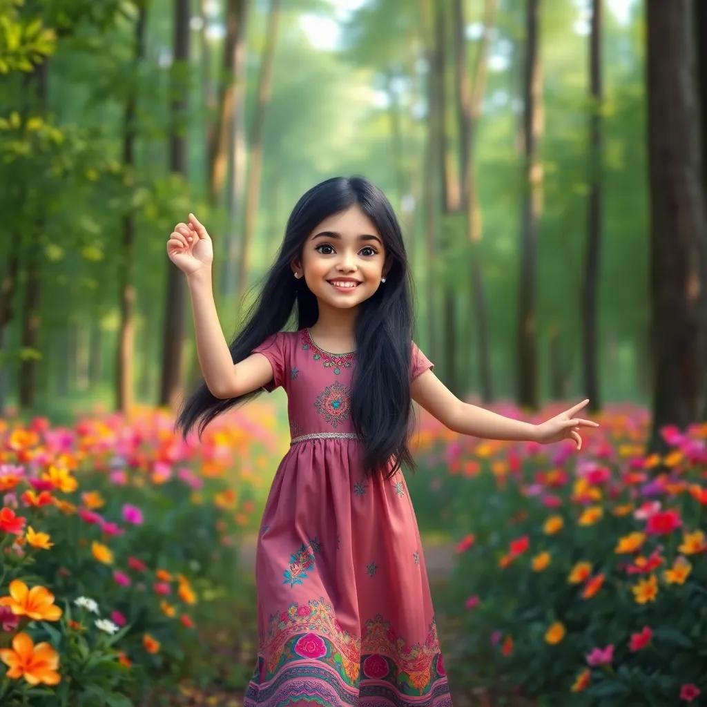 A young Arabic girl, Leila, with long, black hair, wearing a colorful dress, dancing joyfully in a green forest with colorful flowers and tall trees, digital art, vibrant colors, cheerful atmosphere, high quality