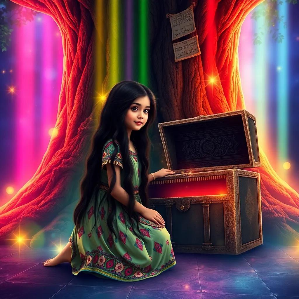 A young Arabic girl, Leila, with long, black hair, wearing a colorful dress, kneeling beside a large tree with an ancient treasure chest, surrounded by glowing rainbow colors, magical and enchanting scene, bright light, high quality