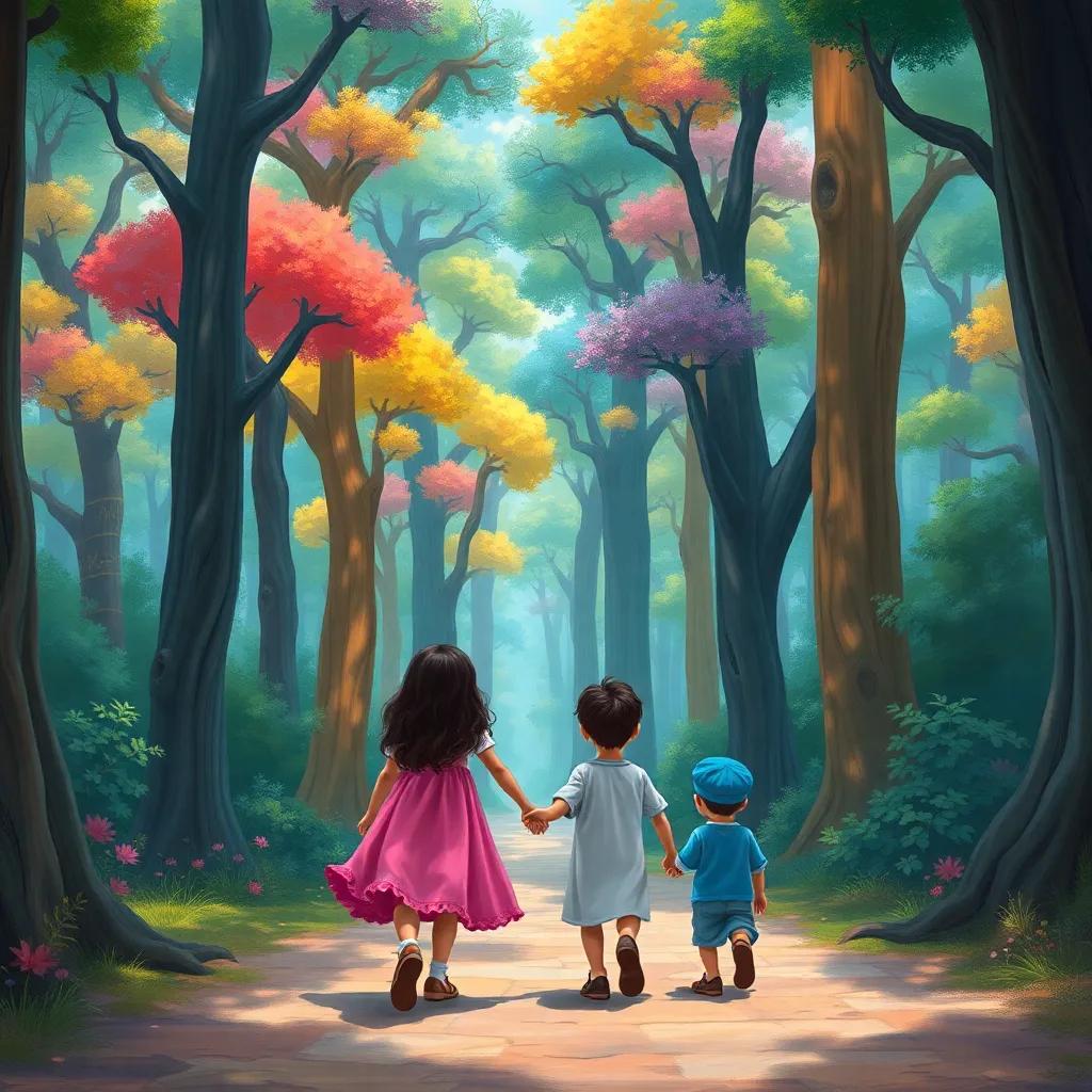 A beautiful forest with giant colorful trees, two children, خلود, a young Arab girl with long dark hair wearing a bright pink dress, and سامي, a young Arab boy with short black hair wearing a blue hat, walking together, digital art, vibrant colors, whimsical atmosphere, high quality