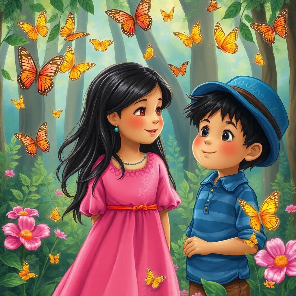 خلود, a young Arab girl with long dark hair in a bright pink dress, and سامي, a young Arab boy with short black hair in a blue hat, amazed by colorful butterflies in a magical forest, detailed illustration, cheerful, engaging scene, high quality