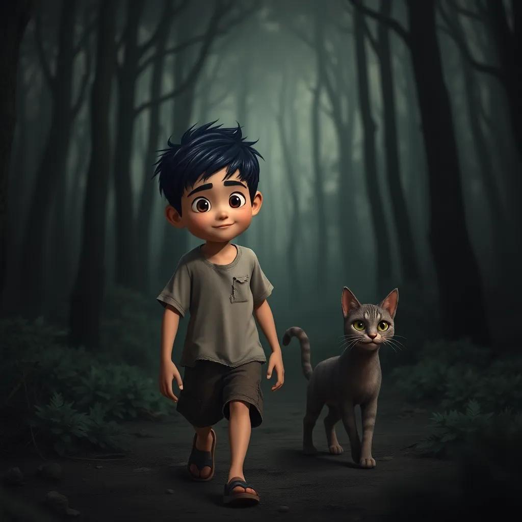 A mischievous boy named Hossam, an Arab boy with short black hair, wearing a torn t-shirt and shorts, walking through a dark forest with his dirty cat, Sukar, looking adventurous, digital art, eerie, muted colors, tense atmosphere, high quality