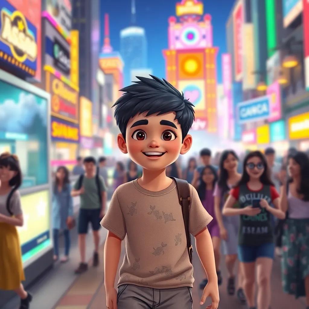 Hossam, an Arab boy with short black hair, wearing a torn t-shirt and shorts, arriving in a bright, vibrant city with sparkling lights and laughing people around, surrounded by colorful surroundings, illustration, cheerful, inviting scene, child-friendly