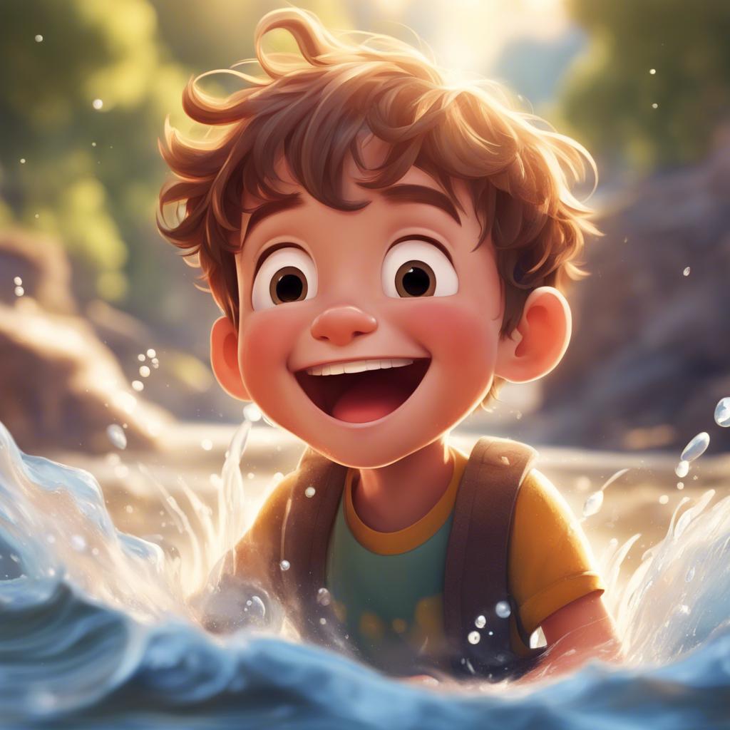A close-up of the boy's happy face with the sound of flowing water in the background, depicting joy and curiosity, child-friendly illustration, warm light, cheerful