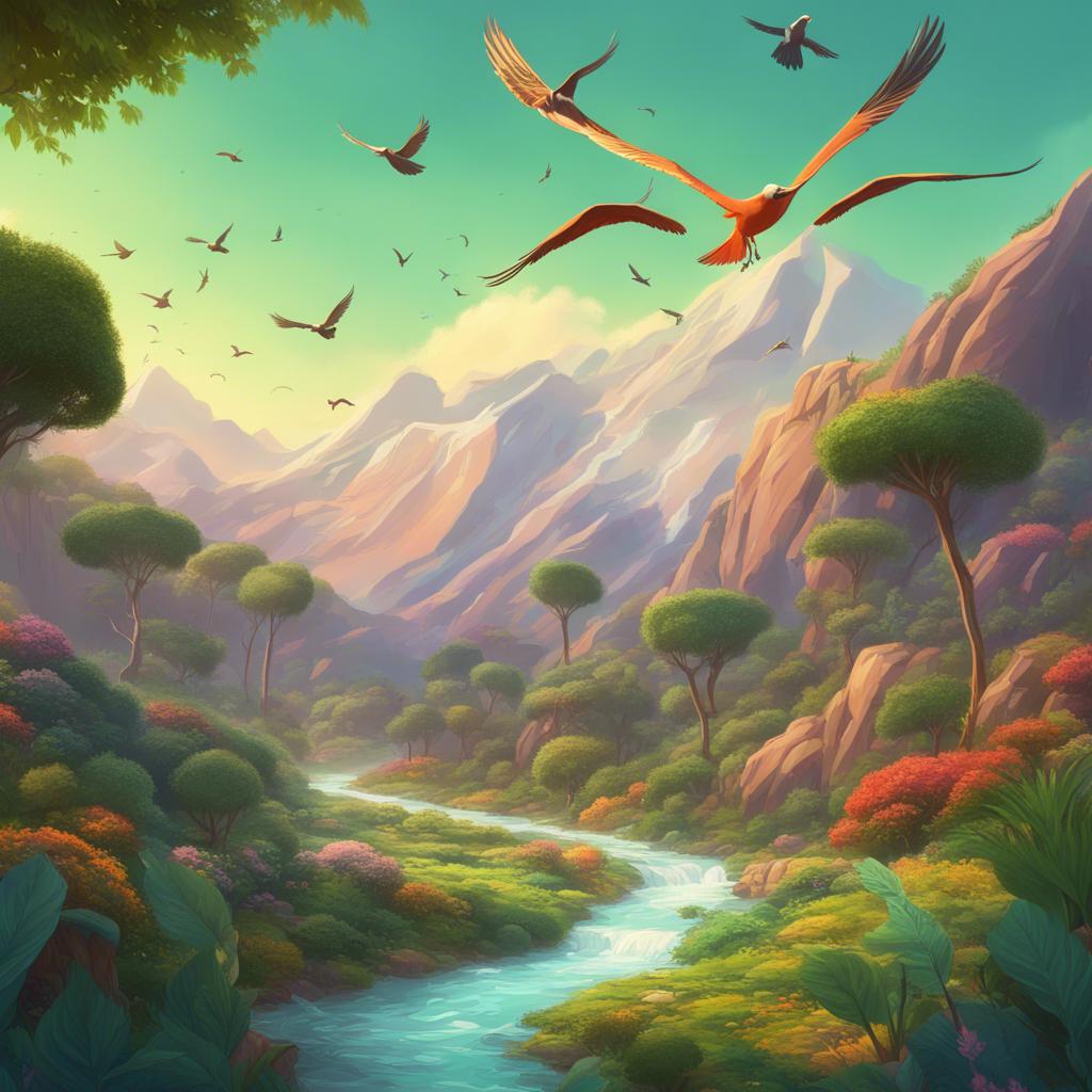The Falaj Al Jilah flowing melodiously with birds flying above, surrounded by rich greenery and majestic mountains, capturing nature's beauty, detailed illustration, vibrant