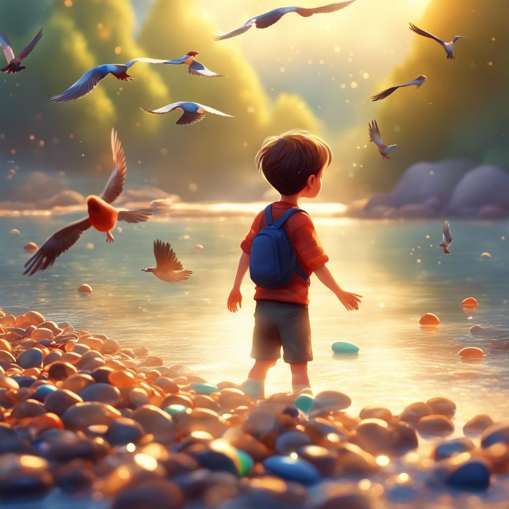 The boy playing joyfully near the water, collecting shiny pebbles and watching birds, with sunlight shimmering on the water's surface, bright colors, playful