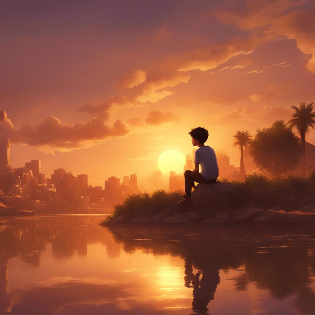 The sunset over Falaj Al Jilah with the boy sitting on the riverbank, admiring the golden sky and reflecting thoughts, peaceful atmosphere, warm tones, heartwarming