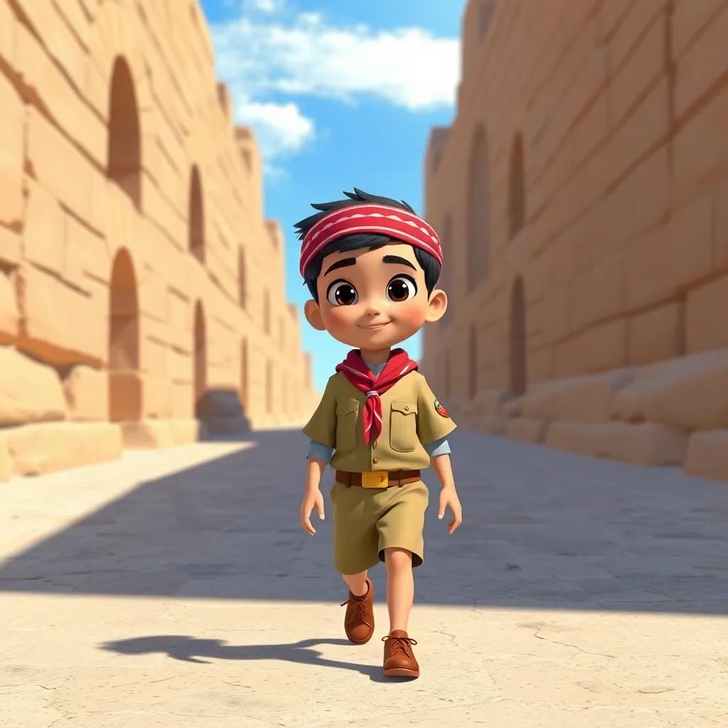 A young Arab boy, Walid, wearing a scout uniform, walking along a beautiful ancient falaj in Al Khabeeb, under a bright blue sky, digital art, cheerful, vibrant colors, inviting atmosphere, high quality