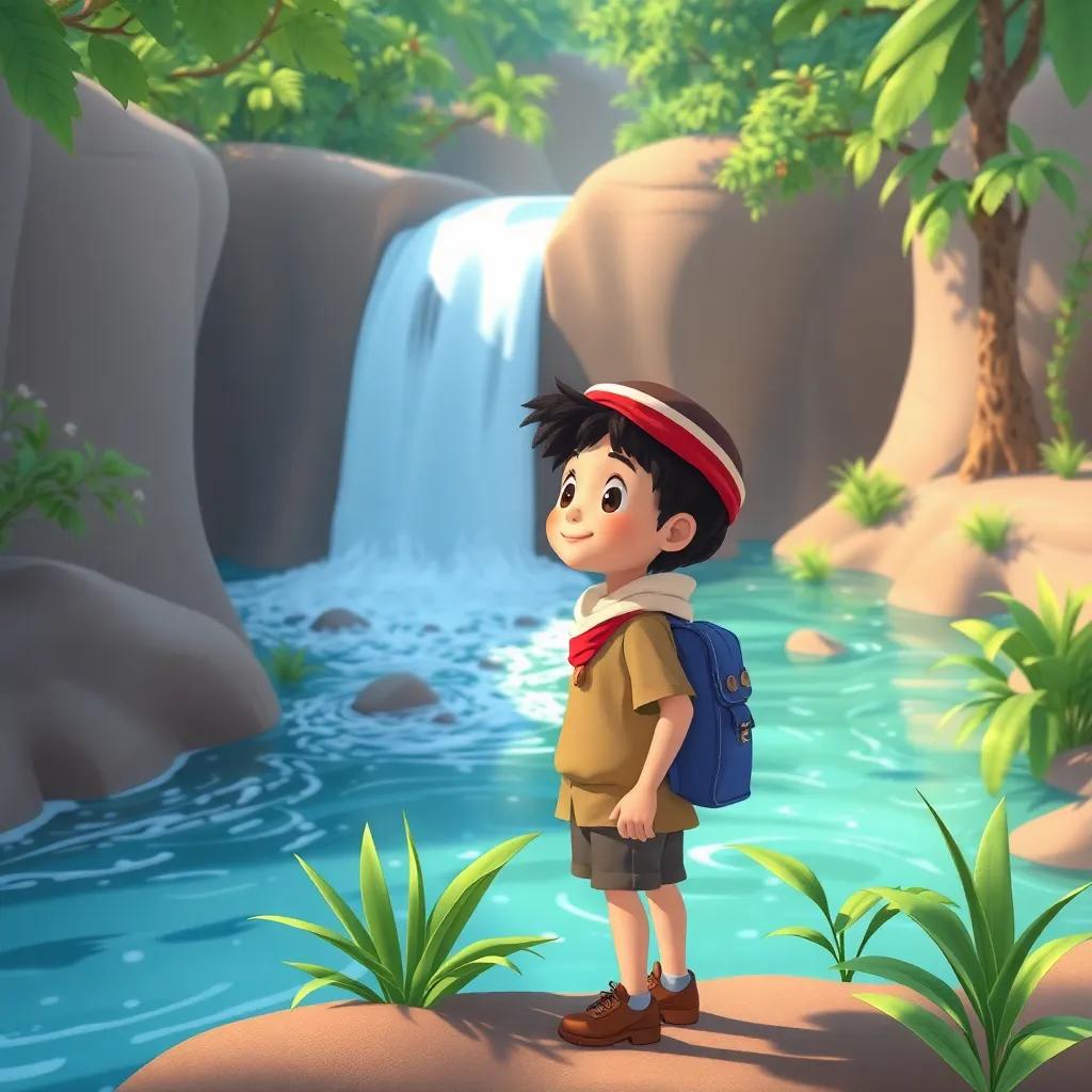 Walid, a young Arab boy in scout clothes, standing beside the deep falaj, looking amazed at the flowing water, surrounded by green plants and trees, illustration, serene, nature-themed, child-friendly