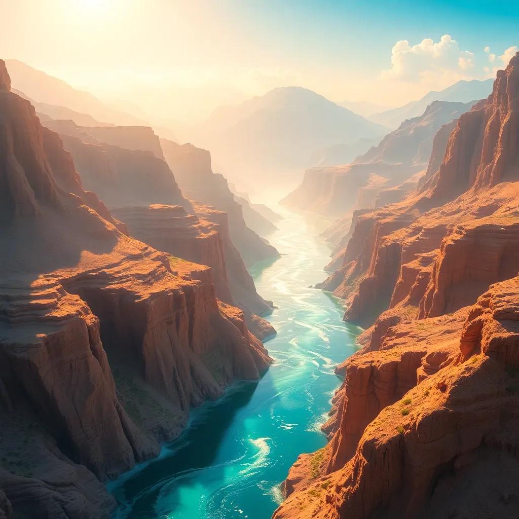 A scenic view of the falaj, deep and flowing with water, surrounded by the valleys of Al Far'i, Al San, and Al Halata, with sunlight reflecting on the water, digital painting, realistic, uplifting, bright colors