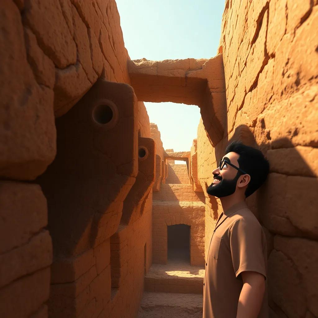 A close-up of the ventilation openings (freed) along the falaj, showing intricate details and history, with Walid happily observing, warm light, rich colors, storytelling view, fantasy