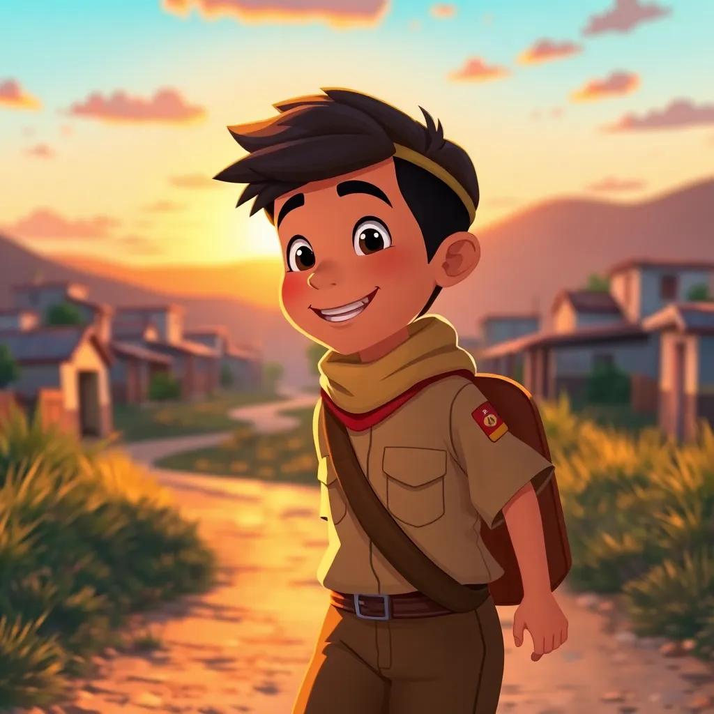 Walid, a young Arab boy in a scout outfit, walking home at sunset, filled with excitement about his day, his village in the background, heartwarming, vibrant colors, uplifting imagery