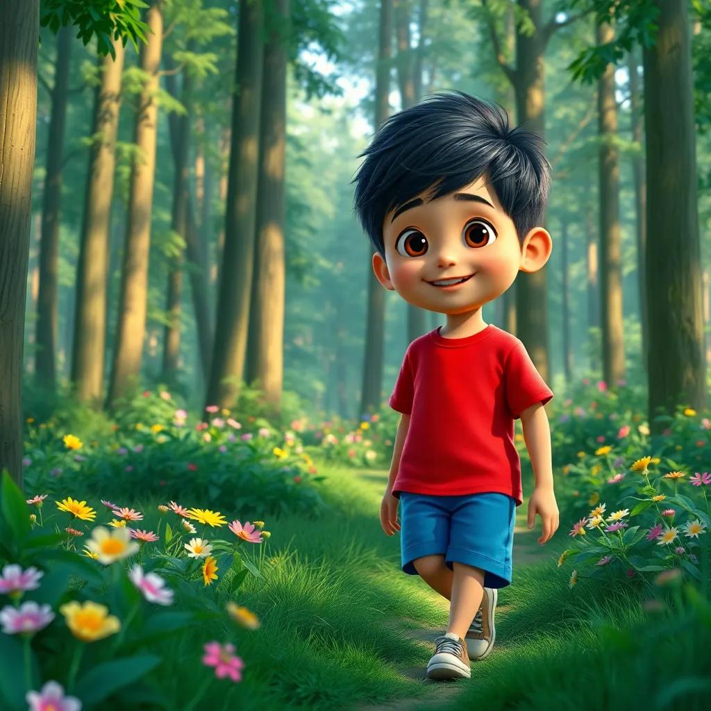 A little boy, Sami, with short black hair, wearing a bright red t-shirt and blue shorts, walking through a lush green forest filled with tall trees and colorful flowers, cheerful atmosphere, digital art, vibrant colors, inviting landscape