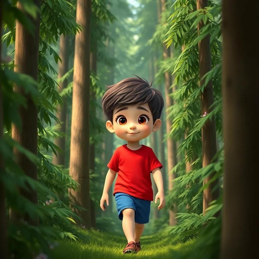 A young boy, Sami, with short brown hair, wearing a bright red shirt and blue shorts, wandering between tall green trees in a dense forest, with a curious expression, digital art, vibrant colors, lush and inviting atmosphere, high quality