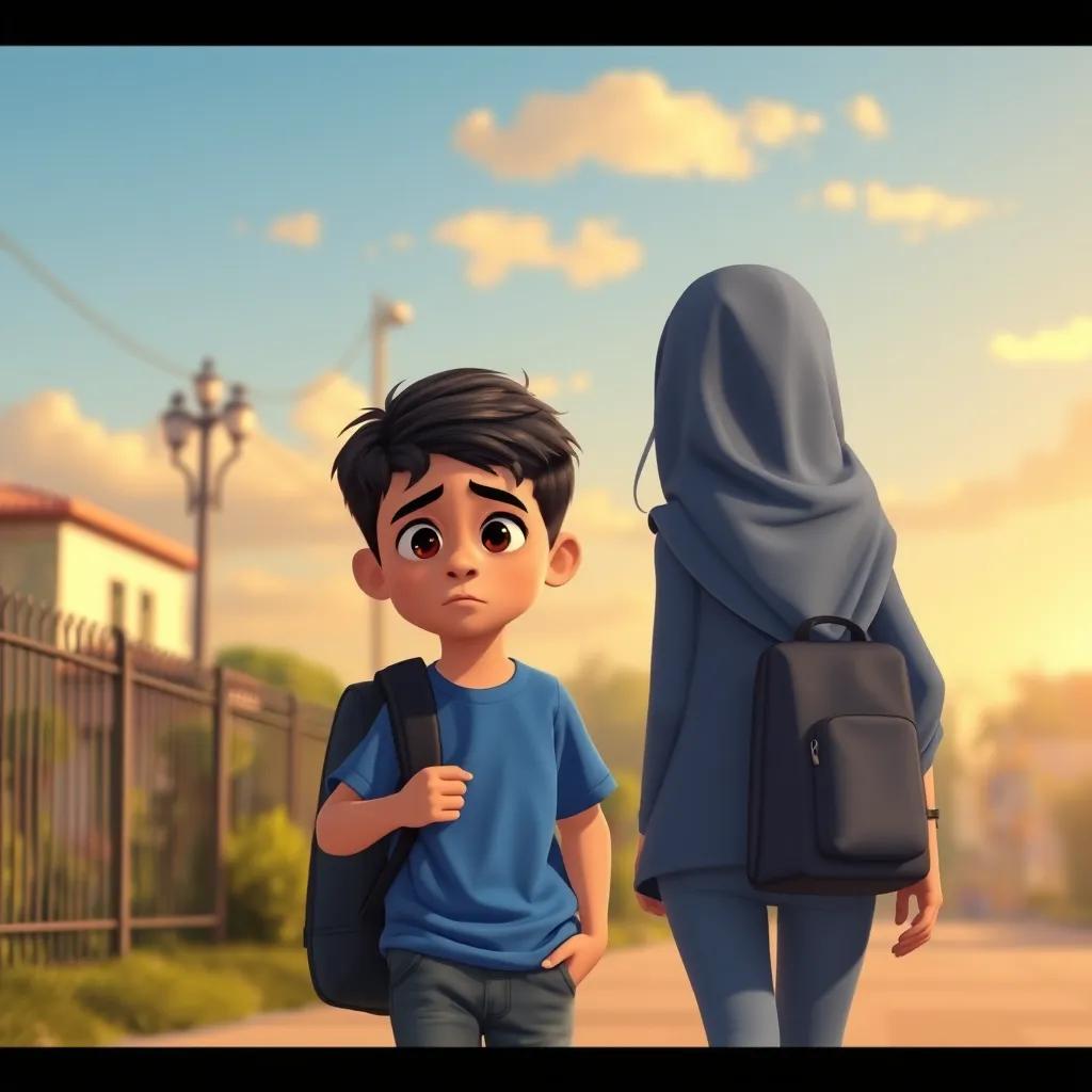 A young Arab boy, Sami, with short black hair wearing a blue t-shirt and jeans, looking sad while walking to school with his mother on a sunny morning, detailed digital art, warm colors, nostalgic mood, high quality