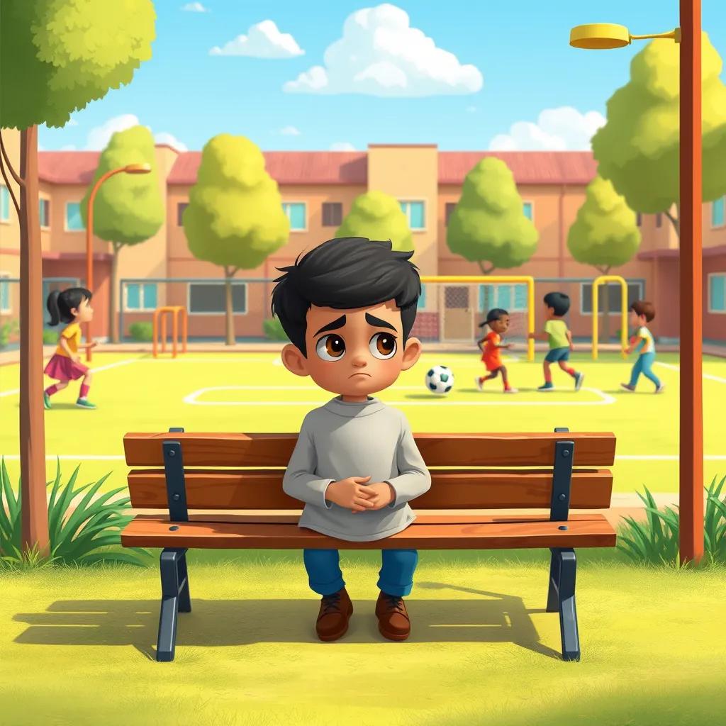 Sami, a young Arab boy, sitting alone on a bench in the school yard, watching other children play football, with a frown on his face, surrounded by colorful playground equipment, illustration, bright colors, child-friendly, high quality