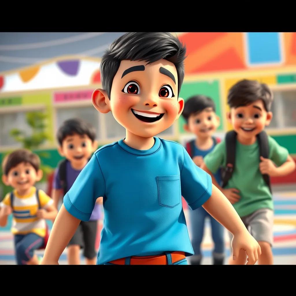 Sami, a young Arab boy with short black hair in a blue t-shirt, playing with his friends during recess, laughing and enjoying themselves in a colorful school yard, joyful scene, vibrant colors, playful innocence, high quality