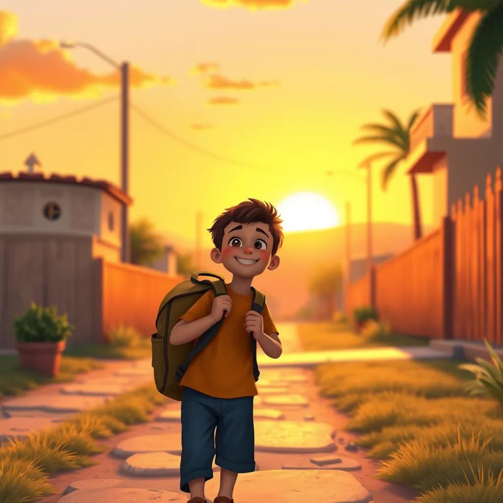 Sami, a young Arab boy, walking home happily with his backpack, smiling and thinking about his fun day at school, sunset in the background, warm colors, heartwarming atmosphere, high quality