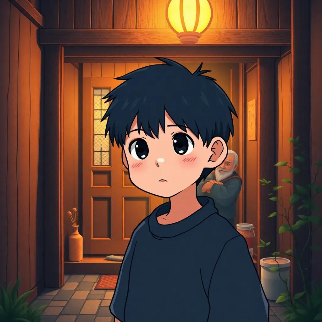 A young Japanese boy, Yoshi, with black hair and black eyes, looking sad while standing at the entrance of a small home with a wise old man, warm light, cozy atmosphere, high quality