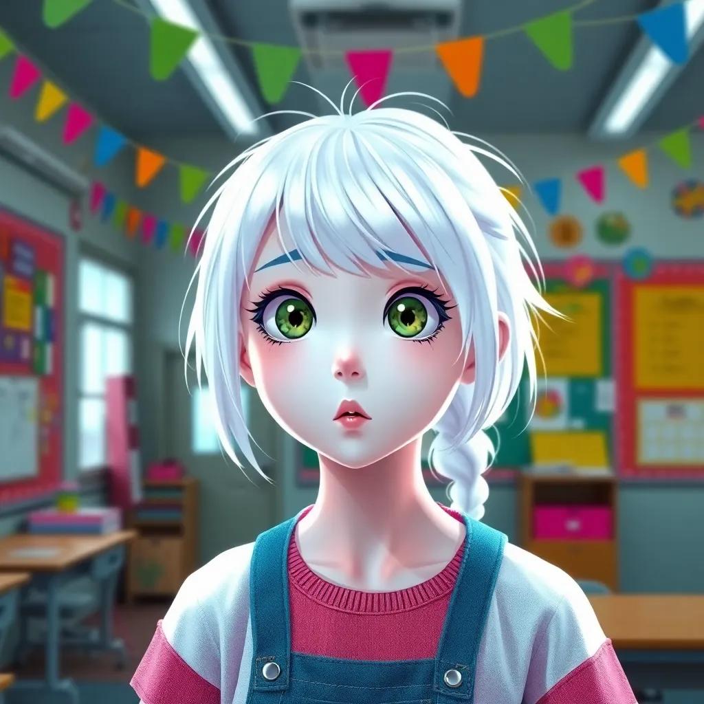 A beautiful girl with white skin, white hair, and green eyes, looking surprised as she stands in front of a classroom, colorful decorations around her, engaging school environment, cheerful atmosphere, high quality