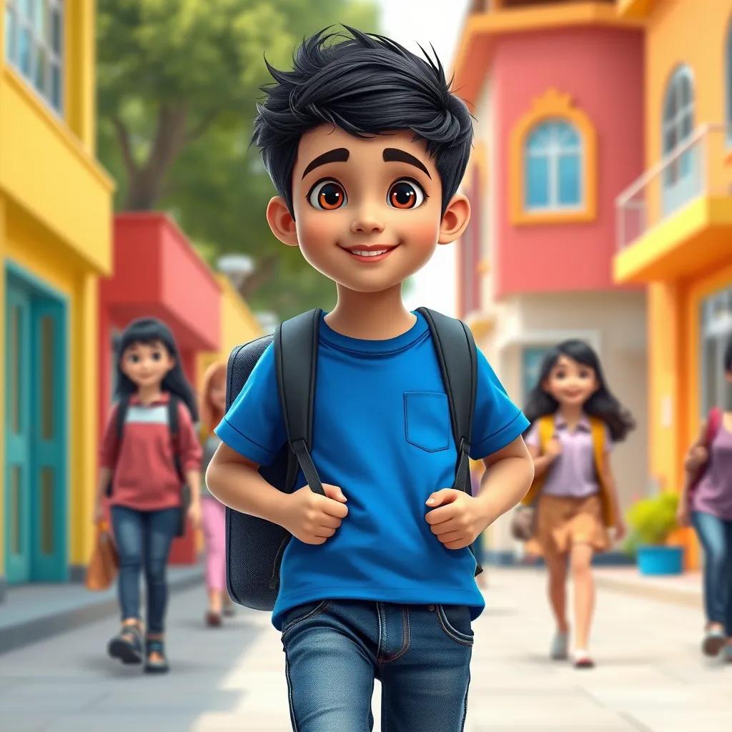 A young Arab boy, Sami, with short black hair, wearing a blue t-shirt and jeans, walking to school with friends, colorful school buildings in the background, digital art, bright colors, cheerful atmosphere, high quality