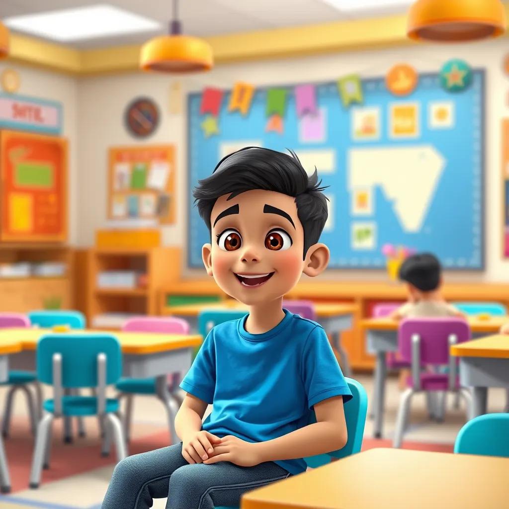 Sami, a young Arab boy, with short black hair, wearing a blue t-shirt and jeans, sitting in a colorful classroom, smiling at his teacher, vibrant classroom decorations, illustration, lively, child-friendly