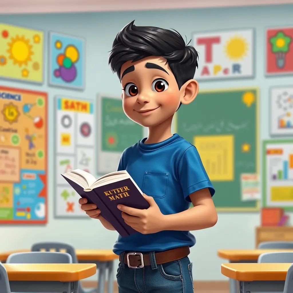 A young Arab boy, Sami, with short black hair, wearing a blue t-shirt and jeans, holding a book, surrounded by colorful science and math posters, engaging classroom, digital painting, bright, uplifting
