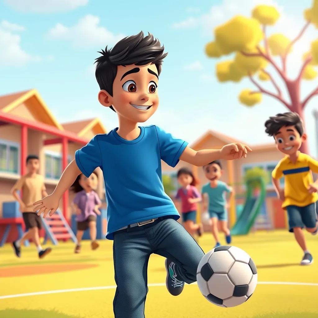 Sami, a young Arab boy, with short black hair, wearing a blue t-shirt and jeans, playing football with his friends in a lively schoolyard, colorful playground equipment, cheerful scene, illustration, warm light, fun