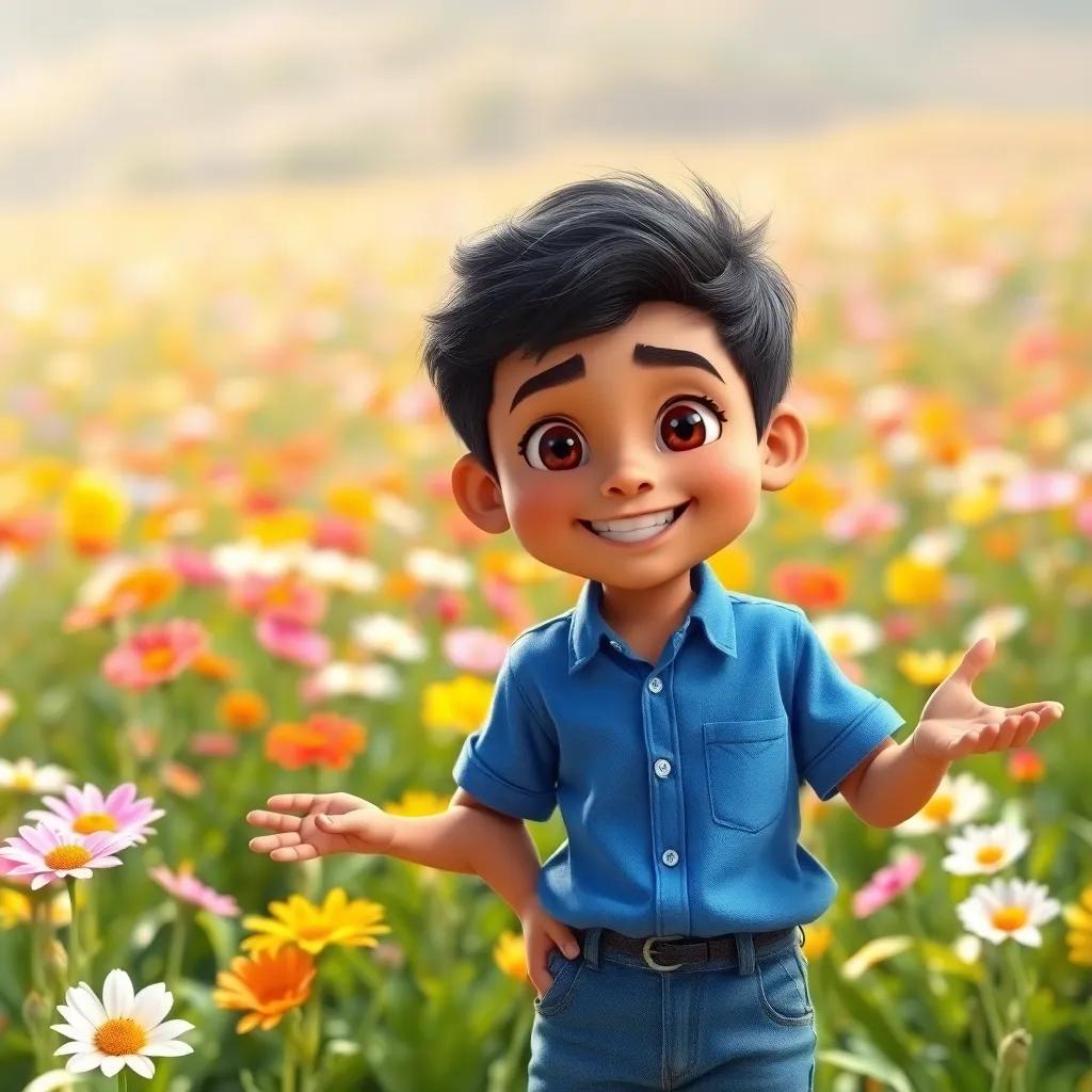 A young Arab boy, Sami, with short black hair, wearing a blue shirt and jeans, standing in a flower field with different colorful flowers, holding his hands out, smiling, bright sunlight, cheerful mood, happy atmosphere, high quality