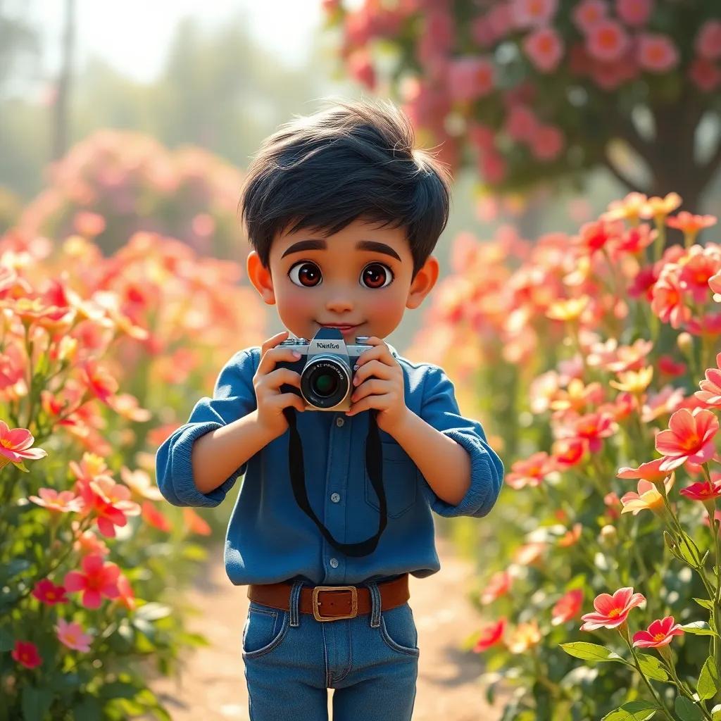 A young Arab boy, Sami, with short black hair, wearing a blue shirt and jeans, taking pictures of beautiful flowers with a camera, surrounded by vibrant blossoms, warm sunlight, playful environment, child-friendly, high quality
