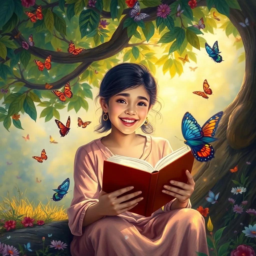 Hayat smiling with excitement, sitting under a tree holding a book, surrounded by butterflies and birds, magical feeling, warm light, colorful scene, soft focus, storytelling moment, high quality