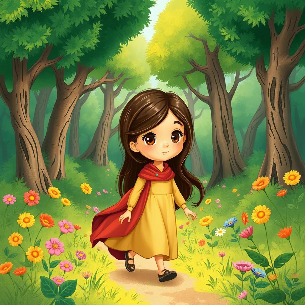 وهج, a young Arab girl, with long shiny hair, walking through a lush green forest filled with trees and colorful flowers, exploring nature, detailed illustration, bright and lively, child-friendly