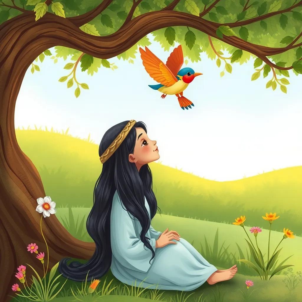 A colorful bird flying above وهج, a young Arab girl with long shiny hair, sitting peacefully under a big tree, enjoying nature, whimsical art, bright colors, uplifting mood, high quality