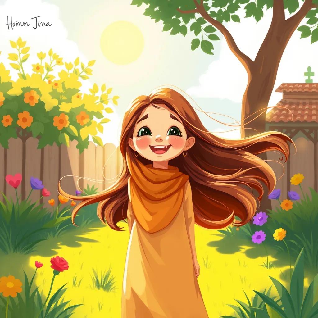 وهج, a young Arab girl with long shiny hair, standing with a big smile, feeling the wind in her hair in a sunny garden, freedom and joy in the air, digital painting, warm colors, heartwarming scene