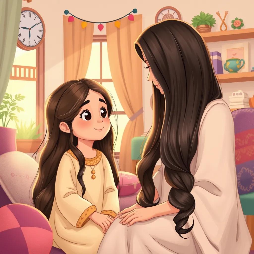 وهج, a young Arab girl with long shiny hair, discussing with her mother at home about unique hair styles, cozy room environment, colorful decorations, warm light, family bond, child-friendly